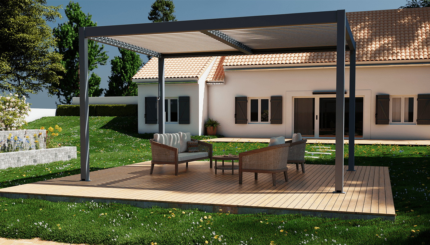 Conception 3D pergola avec store et salon de jardin à l'ombre