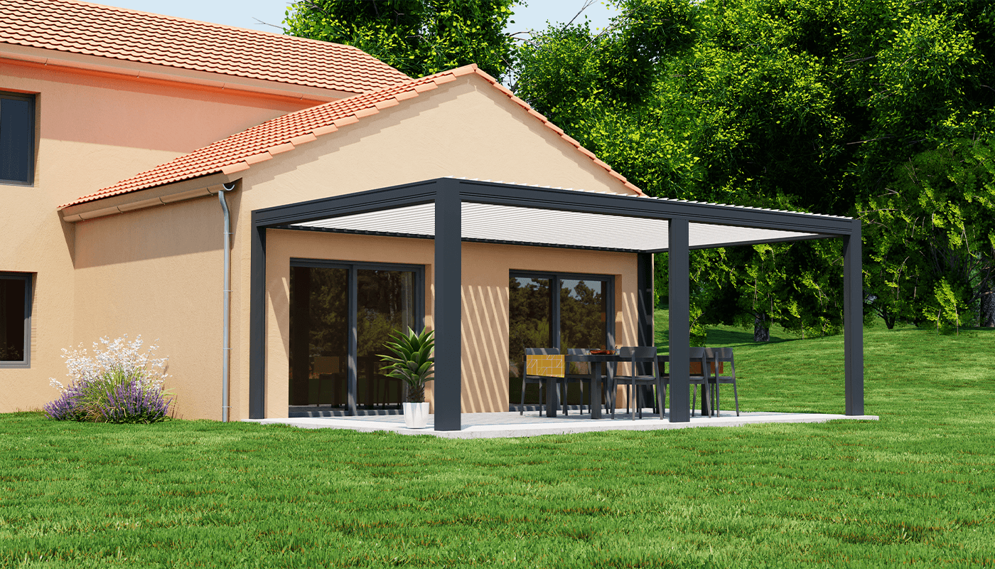 Conception 3D Pergola sur grand jardin et herbe