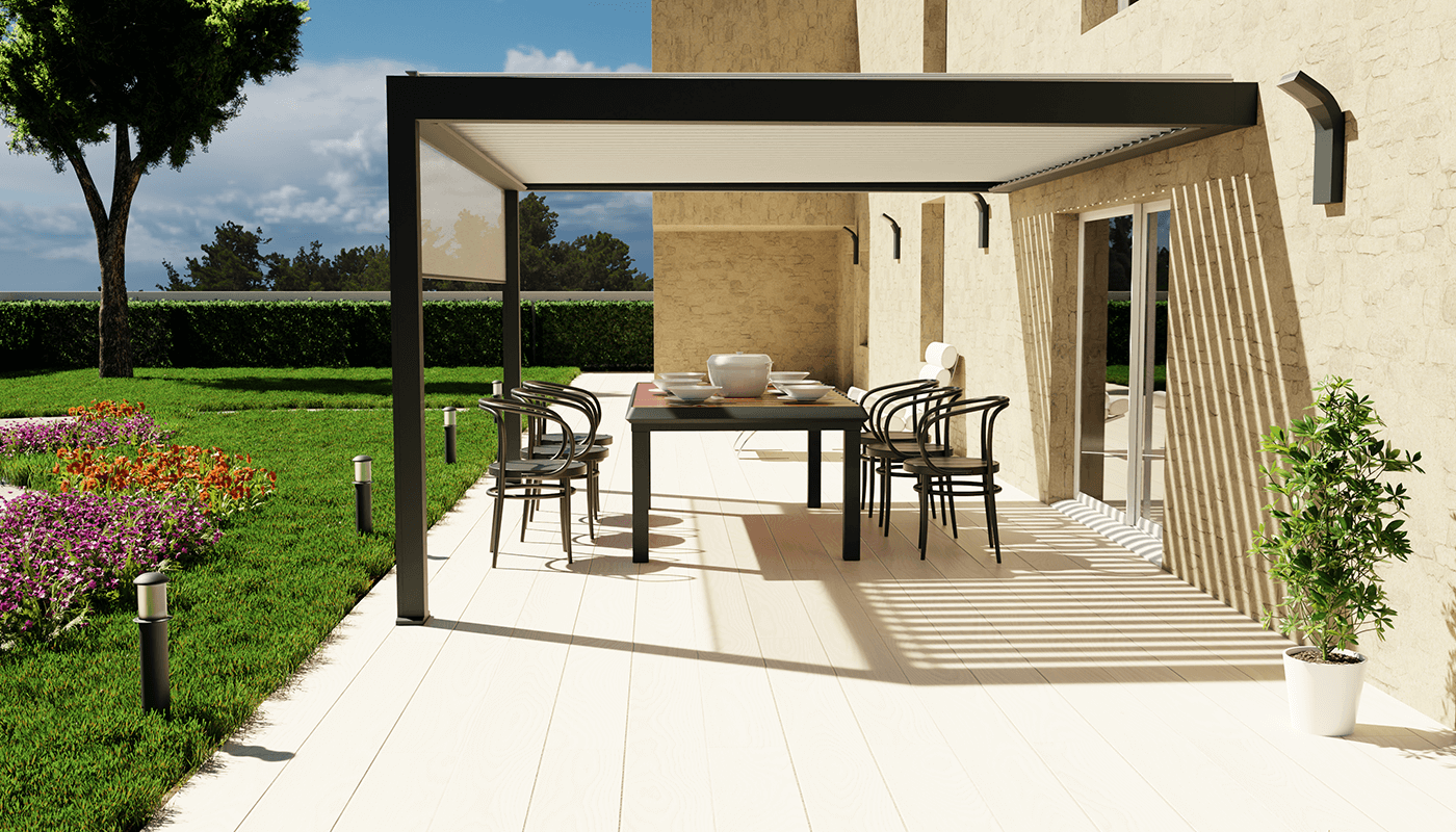 Conception 3D pergola avec store et salon de jardin à l'ombre