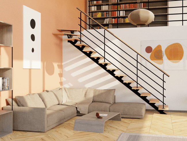 Design 3D salon cosy et escalier