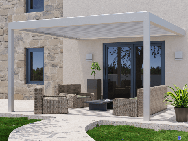 Conception 3D pergola et store banne avec salon de jardin